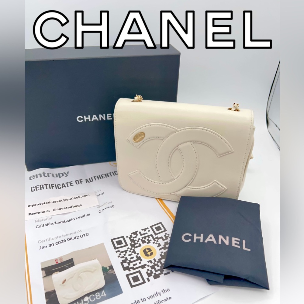 CHANEL CC Mania Flap Bag in Cream Lambskin w/box, dust bag, and Entrupy COA!